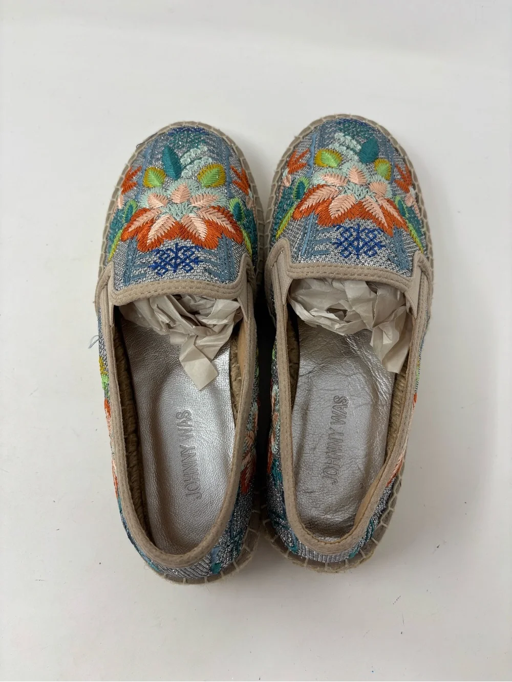 NWOT JOHNNY WAS ELYSIA METALLIC FLORAL EMBROIDERED PLATFORM ESPADRILLES SIZE 40